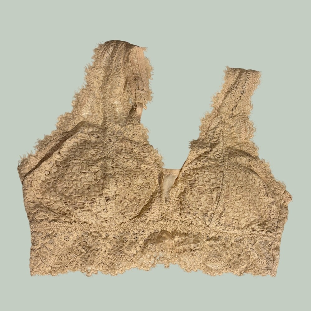 Aerie Women Bralette Size L Tan Nylon Eyelash Floral Lace Hook Eye Boho Festival